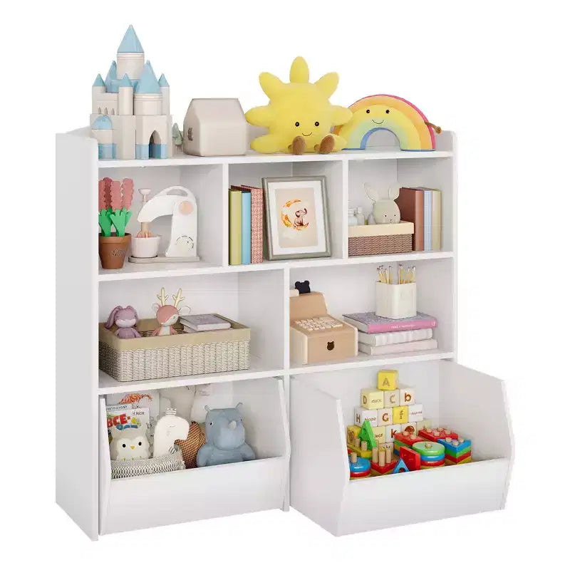 Storage Organizer with Movable Drawers, Kids Bookshelf with Hidden Wheels and 5 Open Cubbies, Multifunctional Storage Cabinet Chest for Playroom