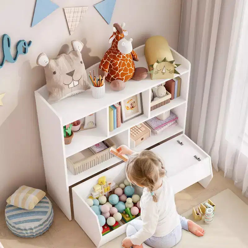 Storage Organizer with Movable Drawers, Kids Bookshelf with Hidden Wheels and 5 Open Cubbies, Multifunctional Storage Cabinet Chest for Playroom