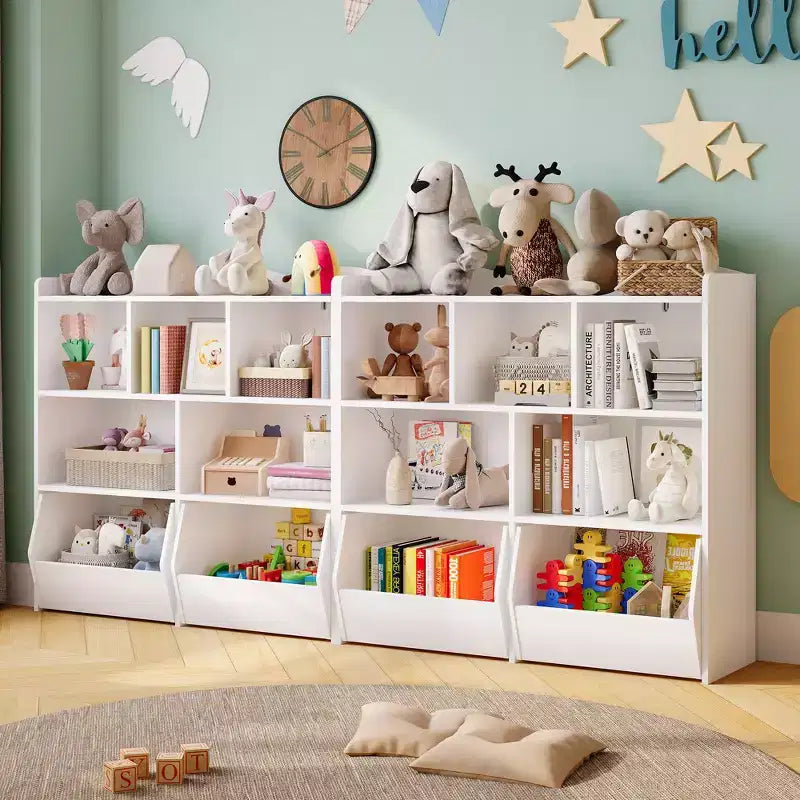 Storage Organizer with Movable Drawers, Kids Bookshelf with Hidden Wheels and 5 Open Cubbies, Multifunctional Storage Cabinet Chest for Playroom
