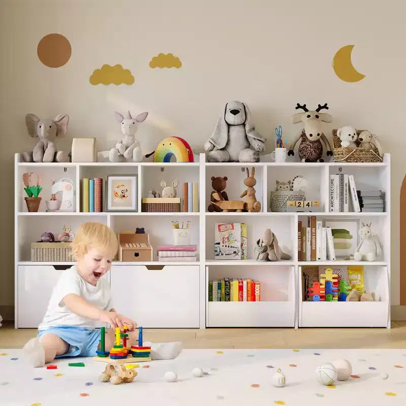 Storage Organizer with Movable Drawers, Kids Bookshelf with Hidden Wheels and 5 Open Cubbies, Multifunctional Storage Cabinet Chest for Playroom