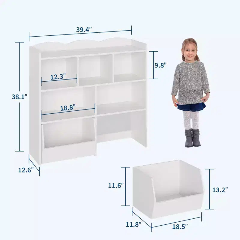 Storage Organizer with Movable Drawers, Kids Bookshelf with Hidden Wheels and 5 Open Cubbies, Multifunctional Storage Cabinet Chest for Playroom