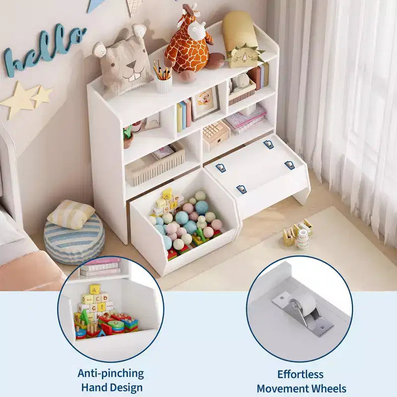 Storage Organizer with Movable Drawers, Kids Bookshelf with Hidden Wheels and 5 Open Cubbies, Multifunctional Storage Cabinet Chest for Playroom