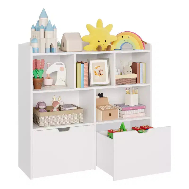 Storage Organizer with Movable Drawers, Kids Bookshelf with Hidden Wheels and 5 Open Cubbies, Multifunctional Storage Cabinet Chest for Playroom