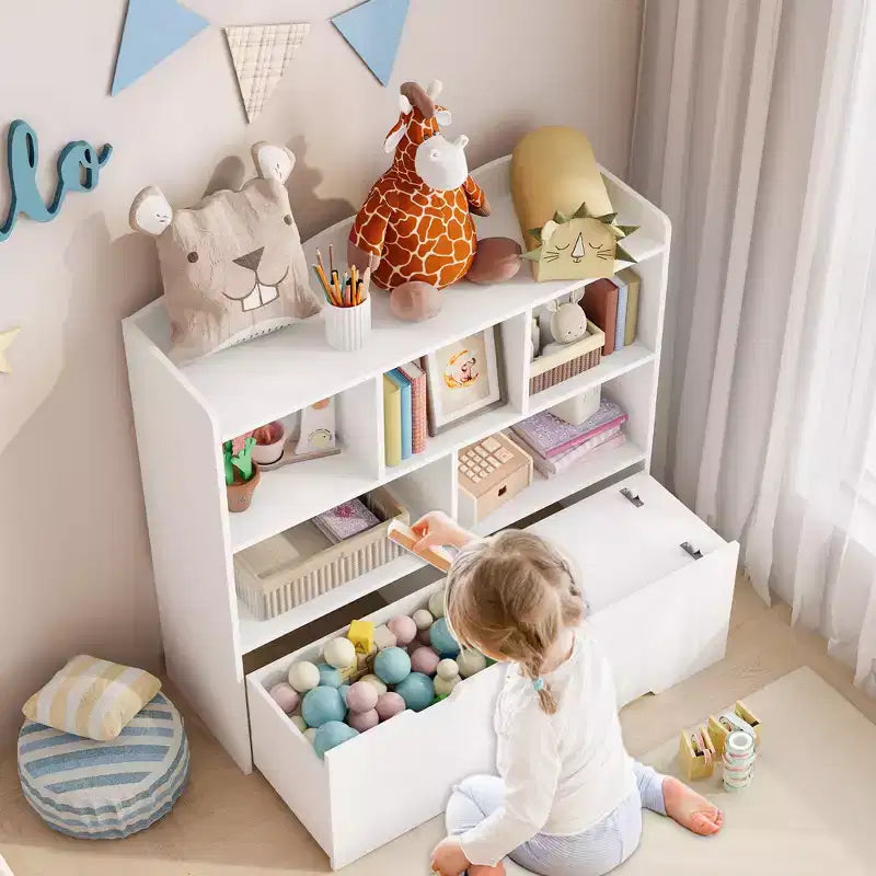 Storage Organizer with Movable Drawers, Kids Bookshelf with Hidden Wheels and 5 Open Cubbies, Multifunctional Storage Cabinet Chest for Playroom