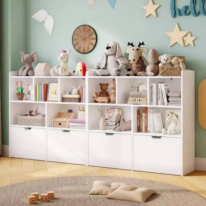Storage Organizer with Movable Drawers, Kids Bookshelf with Hidden Wheels and 5 Open Cubbies, Multifunctional Storage Cabinet Chest for Playroom