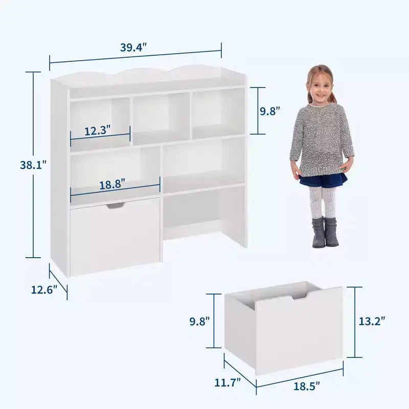 Storage Organizer with Movable Drawers, Kids Bookshelf with Hidden Wheels and 5 Open Cubbies, Multifunctional Storage Cabinet Chest for Playroom