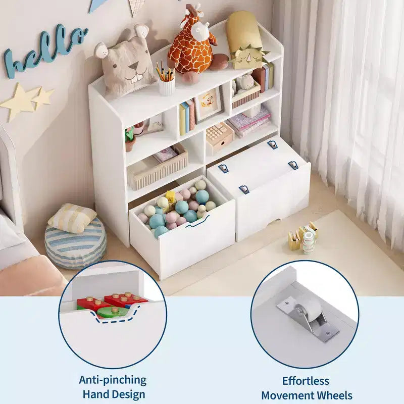 Storage Organizer with Movable Drawers, Kids Bookshelf with Hidden Wheels and 5 Open Cubbies, Multifunctional Storage Cabinet Chest for Playroom
