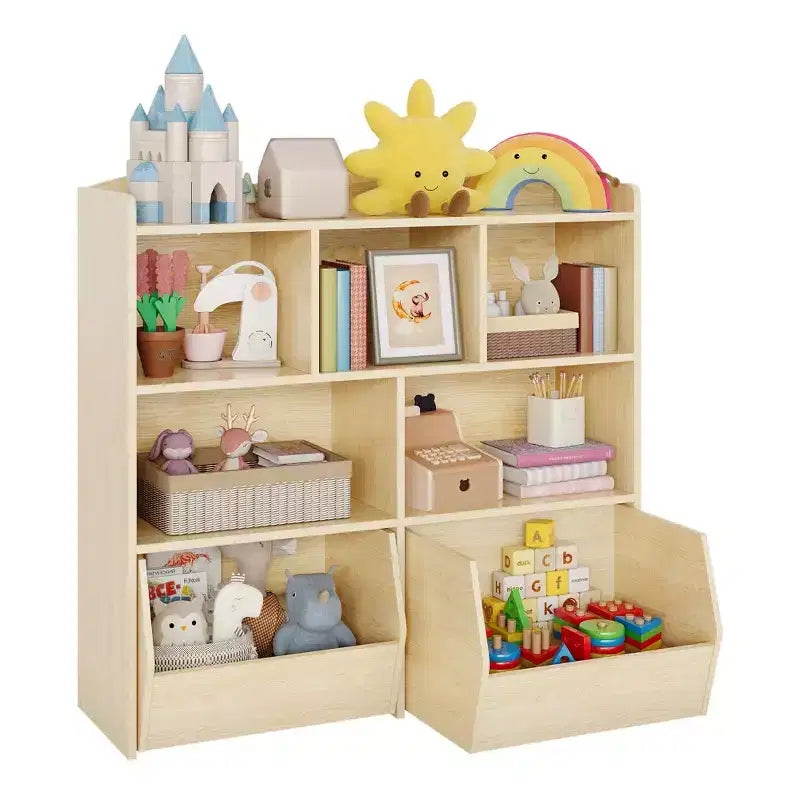 Storage Organizer with Movable Drawers, Kids Bookshelf with Hidden Wheels and 5 Open Cubbies, Multifunctional Storage Cabinet Chest for Playroom