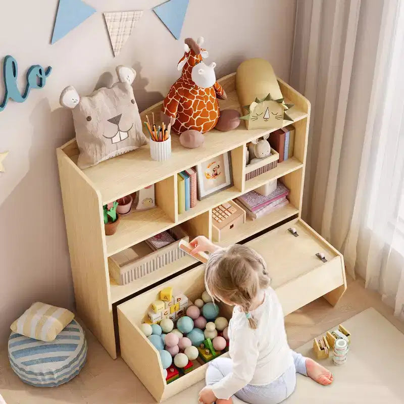 Storage Organizer with Movable Drawers, Kids Bookshelf with Hidden Wheels and 5 Open Cubbies, Multifunctional Storage Cabinet Chest for Playroom