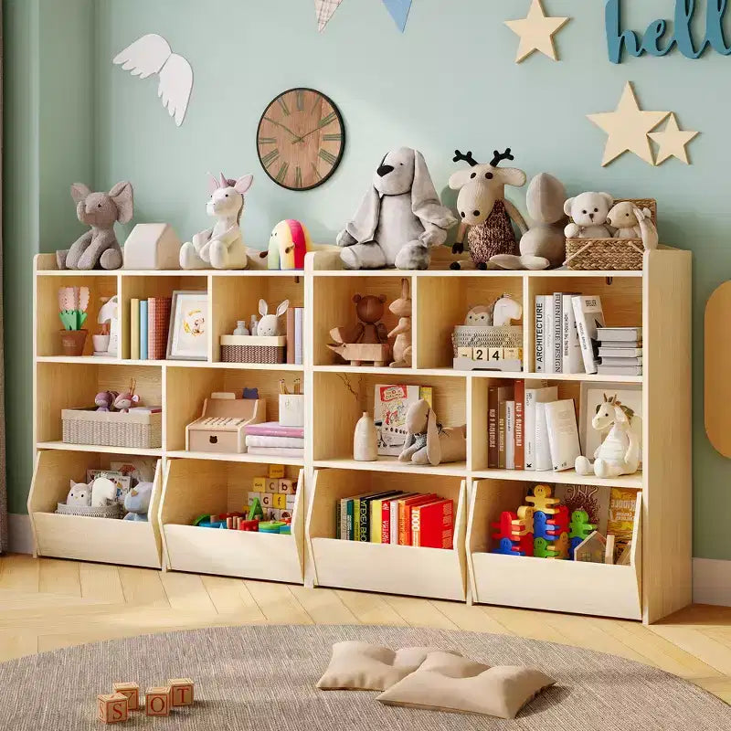 Storage Organizer with Movable Drawers, Kids Bookshelf with Hidden Wheels and 5 Open Cubbies, Multifunctional Storage Cabinet Chest for Playroom