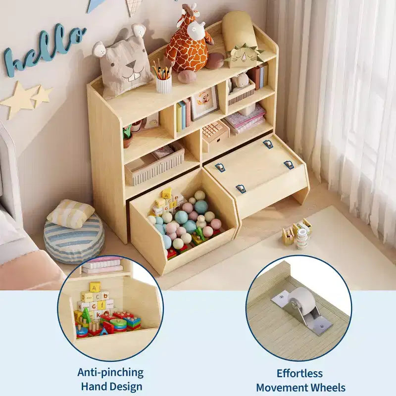 Storage Organizer with Movable Drawers, Kids Bookshelf with Hidden Wheels and 5 Open Cubbies, Multifunctional Storage Cabinet Chest for Playroom