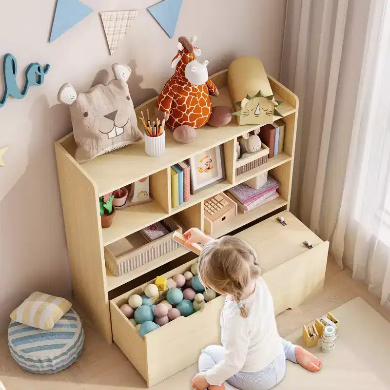 Storage Organizer with Movable Drawers, Kids Bookshelf with Hidden Wheels and 5 Open Cubbies, Multifunctional Storage Cabinet Chest for Playroom
