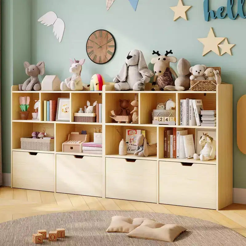 Storage Organizer with Movable Drawers, Kids Bookshelf with Hidden Wheels and 5 Open Cubbies, Multifunctional Storage Cabinet Chest for Playroom