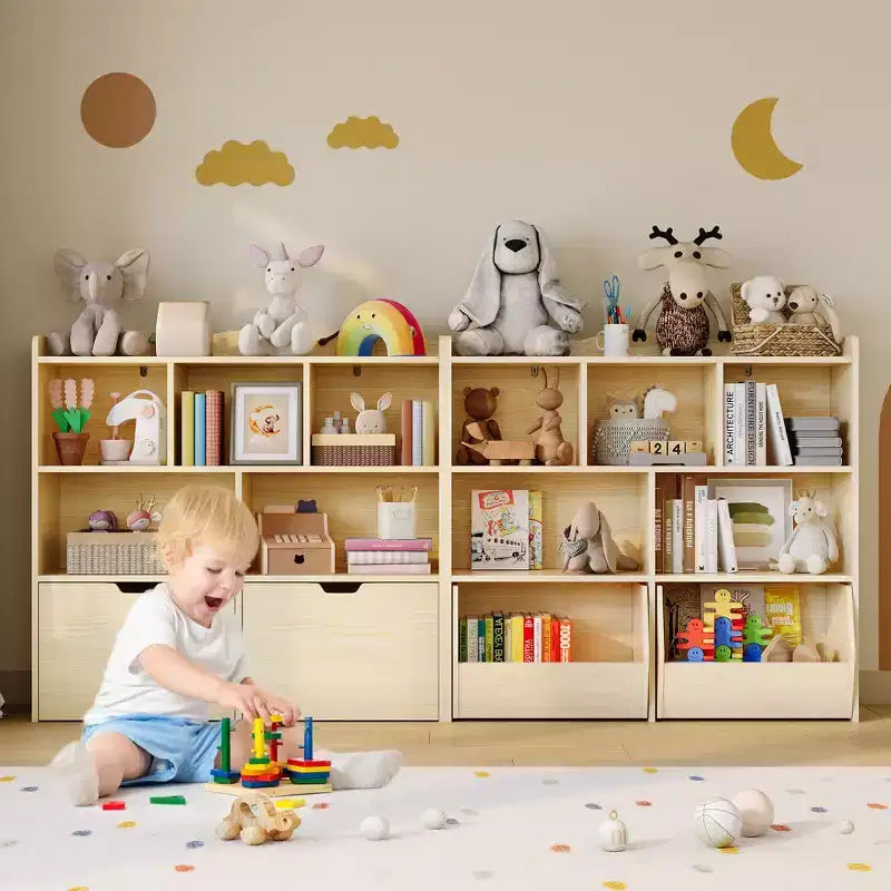 Storage Organizer with Movable Drawers, Kids Bookshelf with Hidden Wheels and 5 Open Cubbies, Multifunctional Storage Cabinet Chest for Playroom