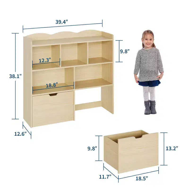 Storage Organizer with Movable Drawers, Kids Bookshelf with Hidden Wheels and 5 Open Cubbies, Multifunctional Storage Cabinet Chest for Playroom