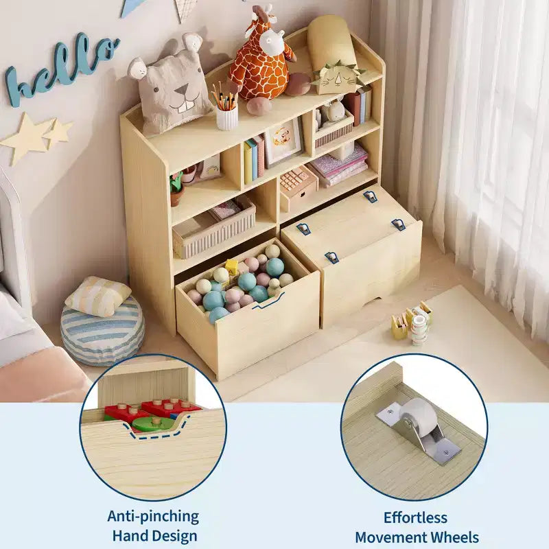 Storage Organizer with Movable Drawers, Kids Bookshelf with Hidden Wheels and 5 Open Cubbies, Multifunctional Storage Cabinet Chest for Playroom