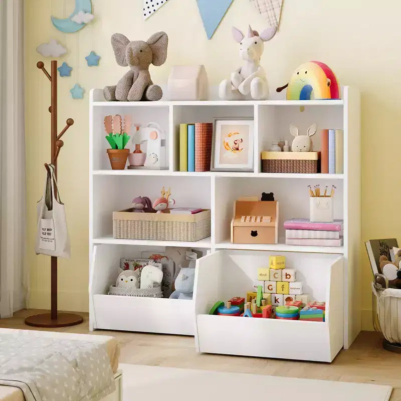 Storage Organizer with Movable Drawers, Kids Bookshelf with Hidden Wheels and 5 Open Cubbies, Multifunctional Storage Cabinet Chest for Playroom