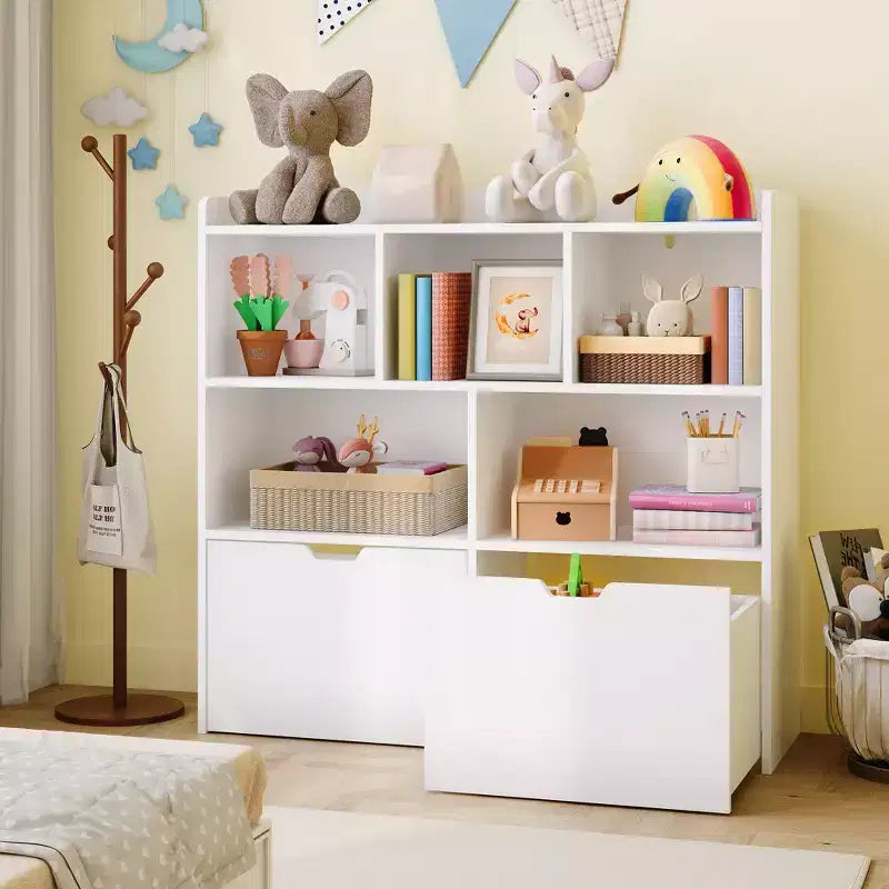 Storage Organizer with Movable Drawers, Kids Bookshelf with Hidden Wheels and 5 Open Cubbies, Multifunctional Storage Cabinet Chest for Playroom