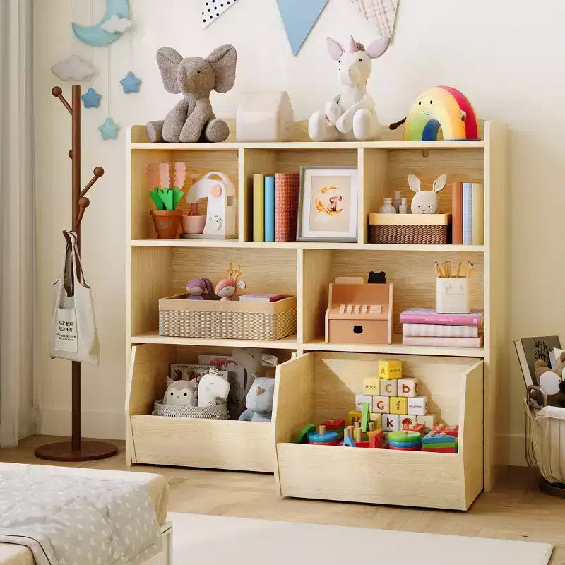 Storage Organizer with Movable Drawers, Kids Bookshelf with Hidden Wheels and 5 Open Cubbies, Multifunctional Storage Cabinet Chest for Playroom