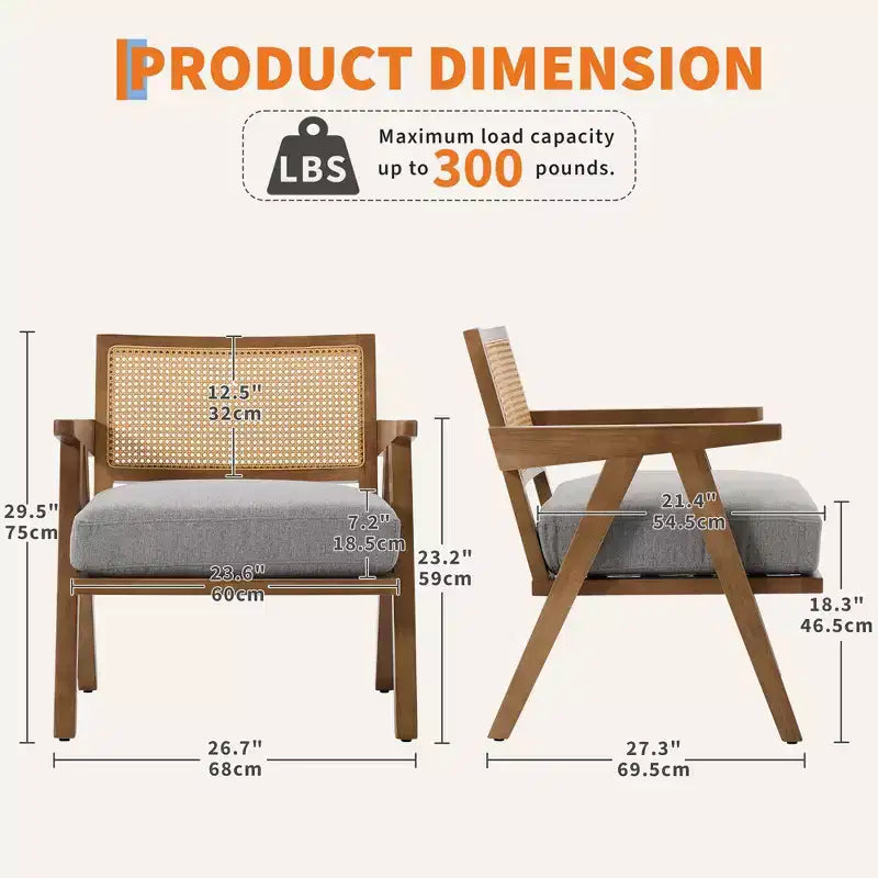 COZONY Mid-Century Accent Chair, Rattan Back, Linen Cushions, Wood Frame, Easy Assembly, Living Room, Bedroom, Apartment