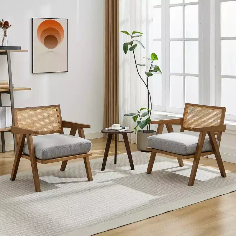 COZONY Mid-Century Accent Chair, Rattan Back, Linen Cushions, Wood Frame, Easy Assembly, Living Room, Bedroom, Apartment