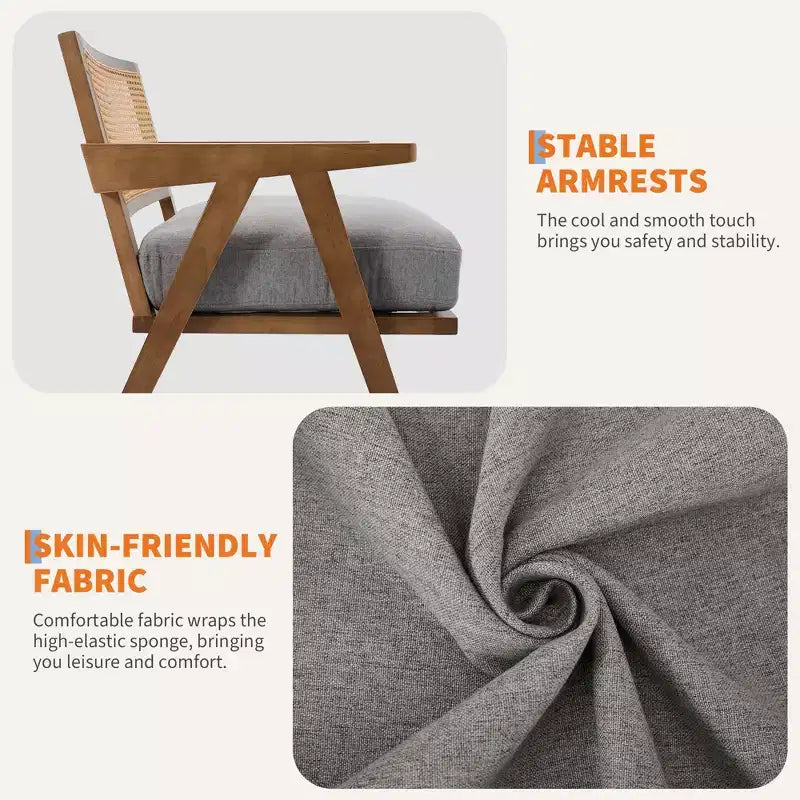 COZONY Mid-Century Accent Chair, Rattan Back, Linen Cushions, Wood Frame, Easy Assembly, Living Room, Bedroom, Apartment