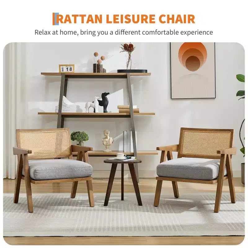 COZONY Mid-Century Accent Chair, Rattan Back, Linen Cushions, Wood Frame, Easy Assembly, Living Room, Bedroom, Apartment