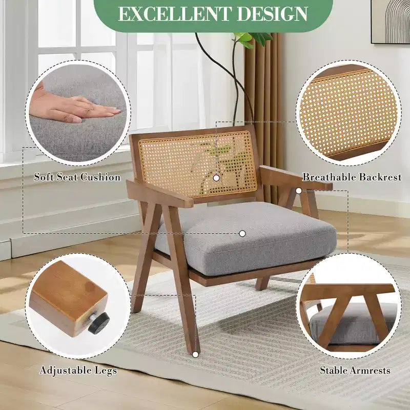 COZONY Mid-Century Accent Chair, Rattan Back, Linen Cushions, Wood Frame, Easy Assembly, Living Room, Bedroom, Apartment