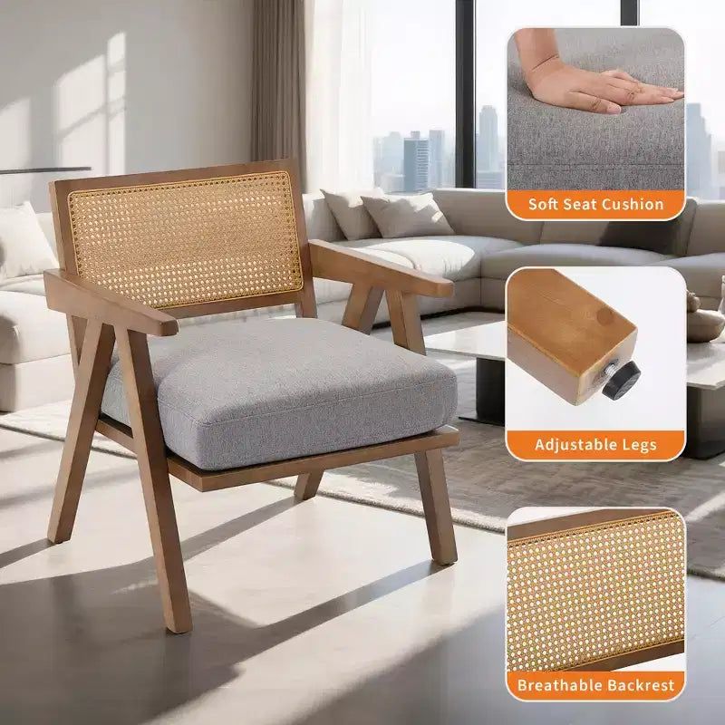 COZONY Mid-Century Accent Chair, Rattan Back, Linen Cushions, Wood Frame, Easy Assembly, Living Room, Bedroom, Apartment