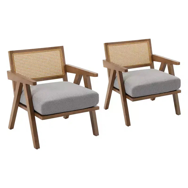 COZONY Mid-Century Accent Chair, Rattan Back, Linen Cushions, Wood Frame, Easy Assembly, Living Room, Bedroom, Apartment