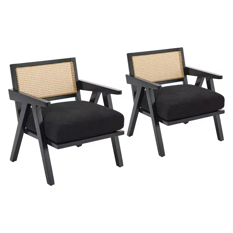 COZONY Mid-Century Accent Chair, Rattan Back, Linen Cushions, Wood Frame, Easy Assembly, Living Room, Bedroom, Apartment