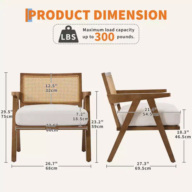 COZONY Mid-Century Accent Chair, Rattan Back, Linen Cushions, Wood Frame, Easy Assembly, Living Room, Bedroom, Apartment