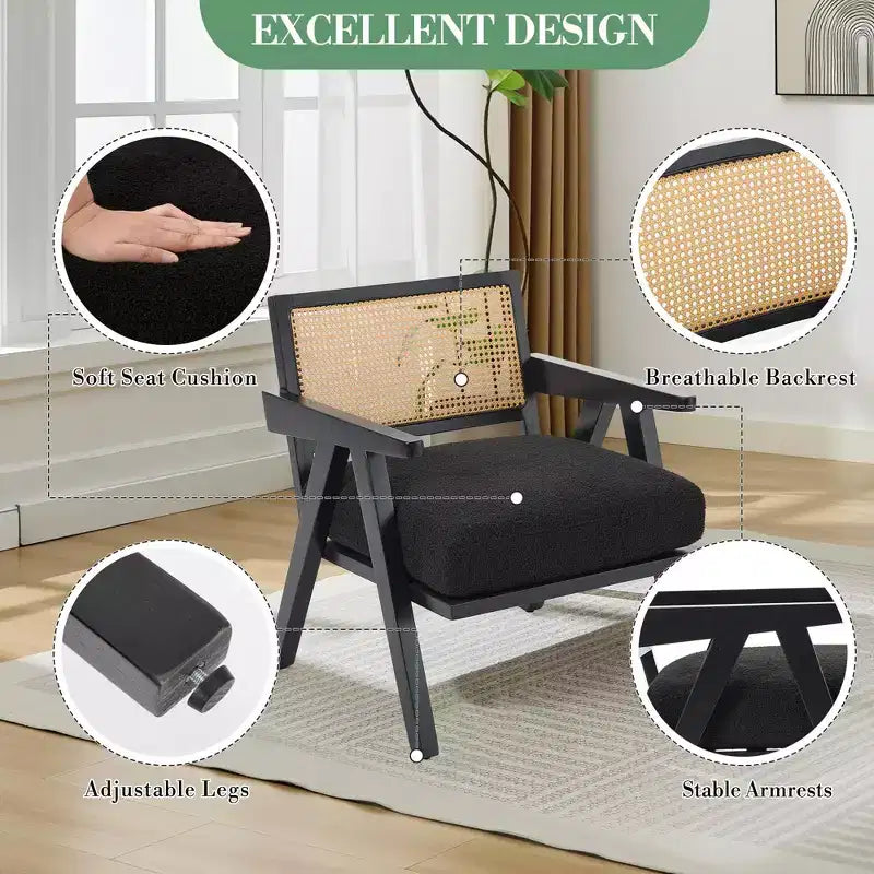 COZONY Mid-Century Accent Chair, Rattan Back, Linen Cushions, Wood Frame, Easy Assembly, Living Room, Bedroom, Apartment