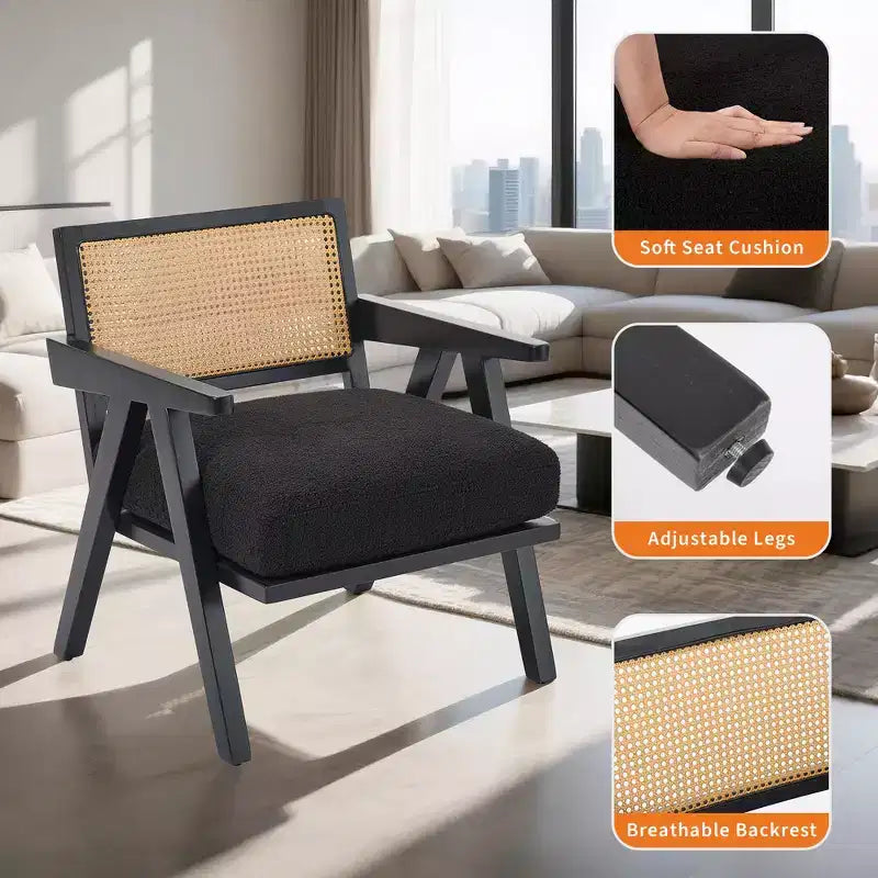 COZONY Mid-Century Accent Chair, Rattan Back, Linen Cushions, Wood Frame, Easy Assembly, Living Room, Bedroom, Apartment