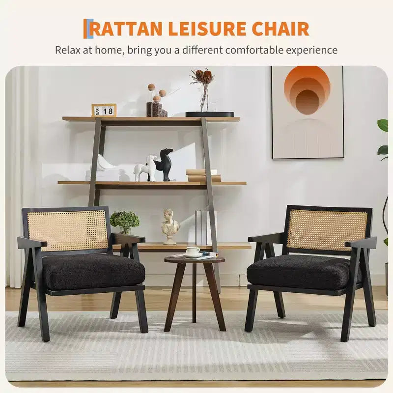 COZONY Mid-Century Accent Chair, Rattan Back, Linen Cushions, Wood Frame, Easy Assembly, Living Room, Bedroom, Apartment