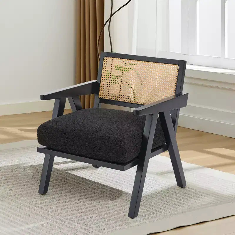 COZONY Mid-Century Accent Chair, Rattan Back, Linen Cushions, Wood Frame, Easy Assembly, Living Room, Bedroom, Apartment