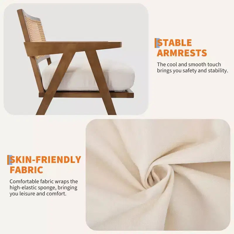 COZONY Mid-Century Accent Chair, Rattan Back, Linen Cushions, Wood Frame, Easy Assembly, Living Room, Bedroom, Apartment