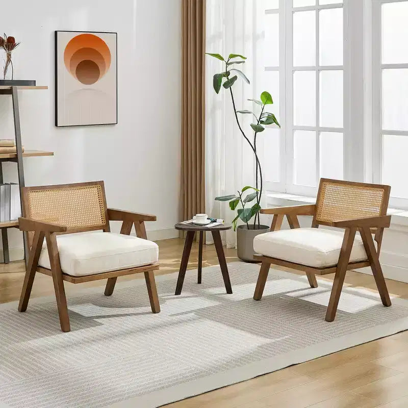 COZONY Mid-Century Accent Chair, Rattan Back, Linen Cushions, Wood Frame, Easy Assembly, Living Room, Bedroom, Apartment