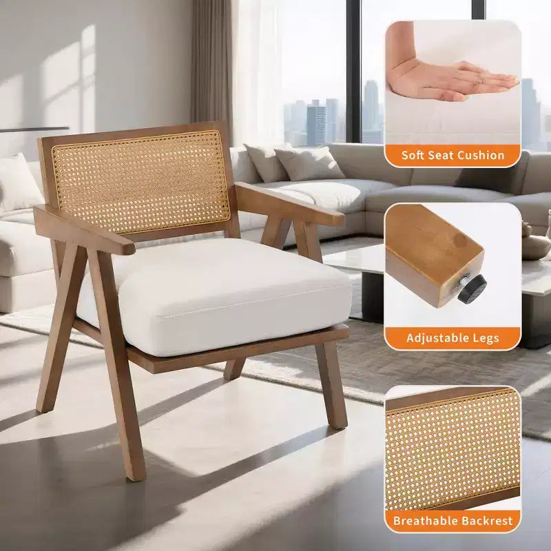 COZONY Mid-Century Accent Chair, Rattan Back, Linen Cushions, Wood Frame, Easy Assembly, Living Room, Bedroom, Apartment