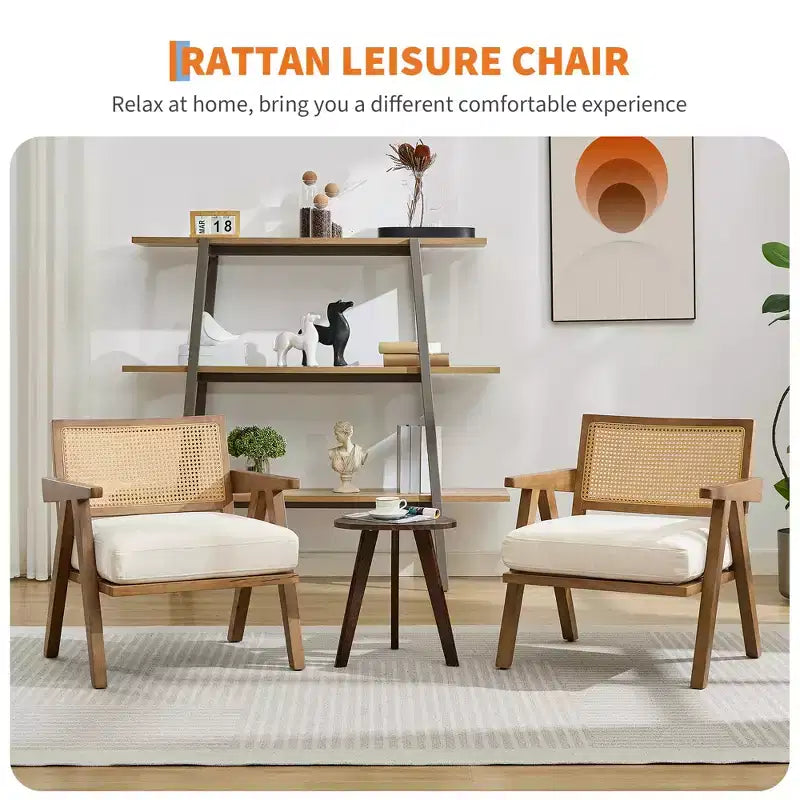 COZONY Mid-Century Accent Chair, Rattan Back, Linen Cushions, Wood Frame, Easy Assembly, Living Room, Bedroom, Apartment