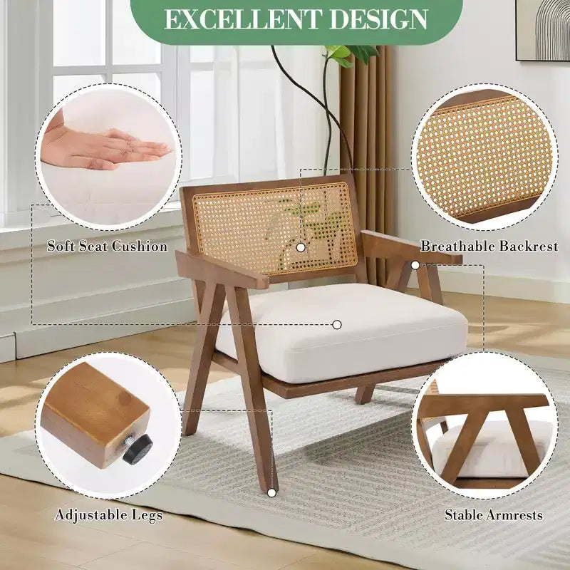 COZONY Mid-Century Accent Chair, Rattan Back, Linen Cushions, Wood Frame, Easy Assembly, Living Room, Bedroom, Apartment