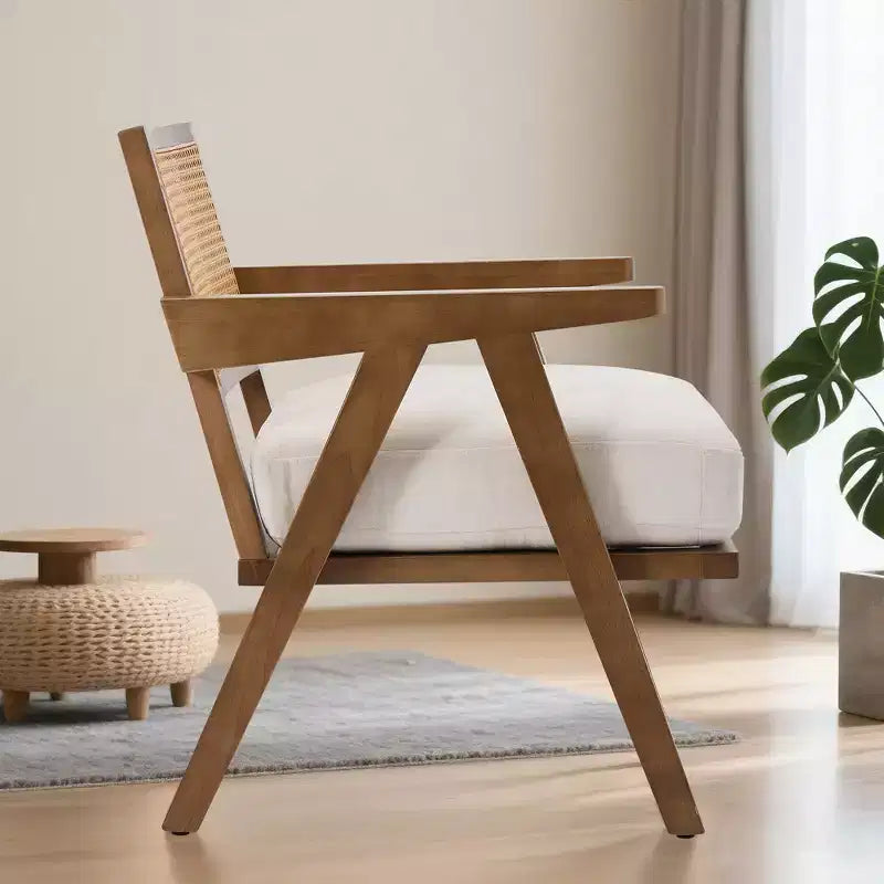 COZONY Mid-Century Accent Chair, Rattan Back, Linen Cushions, Wood Frame, Easy Assembly, Living Room, Bedroom, Apartment