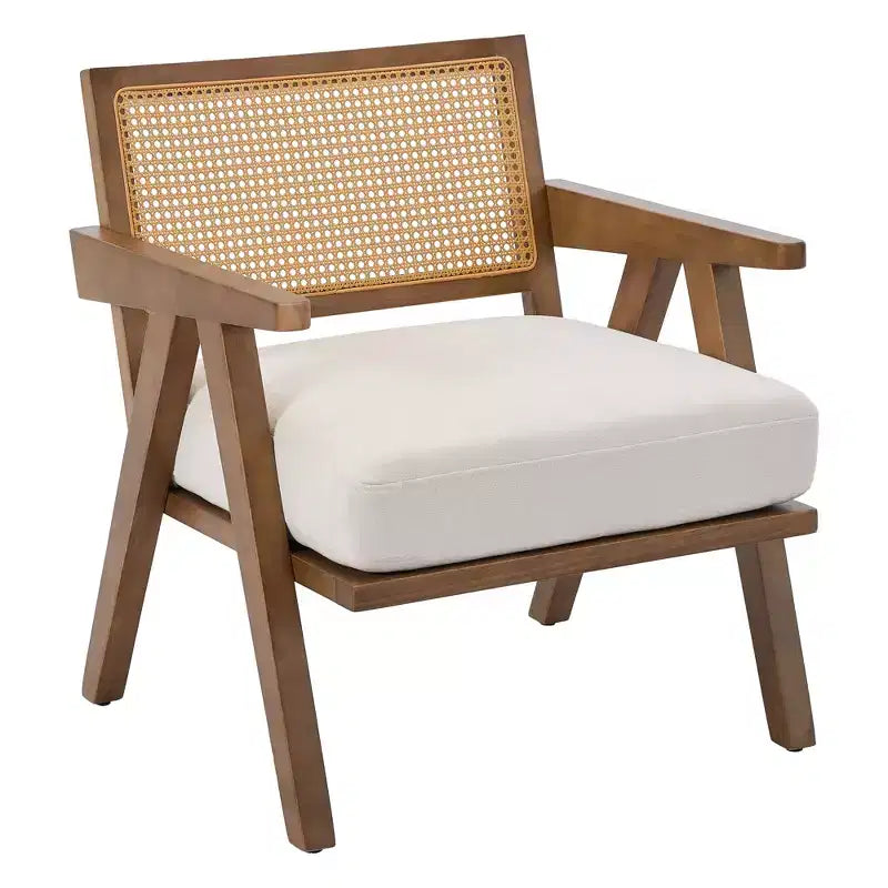 COZONY Mid-Century Accent Chair, Rattan Back, Linen Cushions, Wood Frame, Easy Assembly, Living Room, Bedroom, Apartment