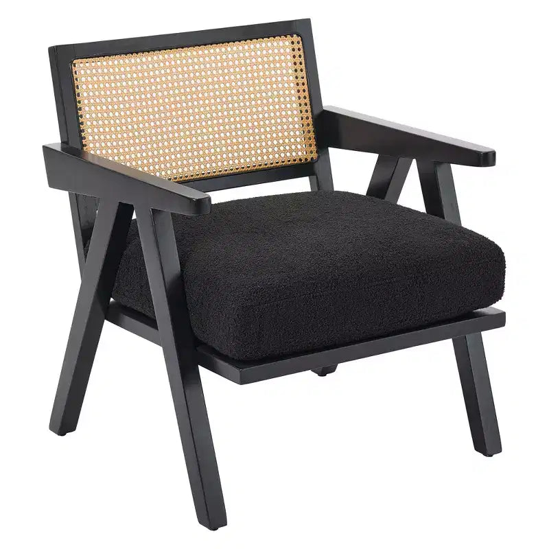 COZONY Mid-Century Accent Chair, Rattan Back, Linen Cushions, Wood Frame, Easy Assembly, Living Room, Bedroom, Apartment