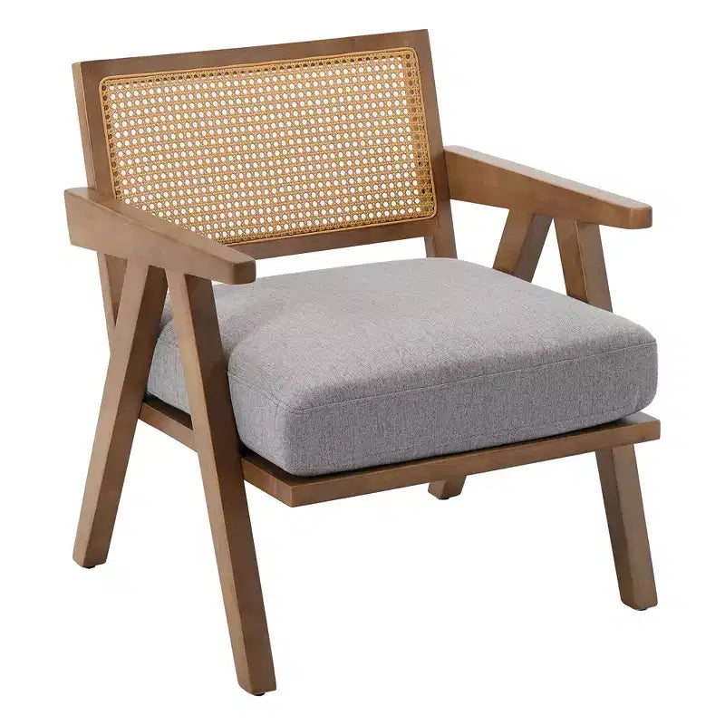 COZONY Mid-Century Accent Chair, Rattan Back, Linen Cushions, Wood Frame, Easy Assembly, Living Room, Bedroom, Apartment