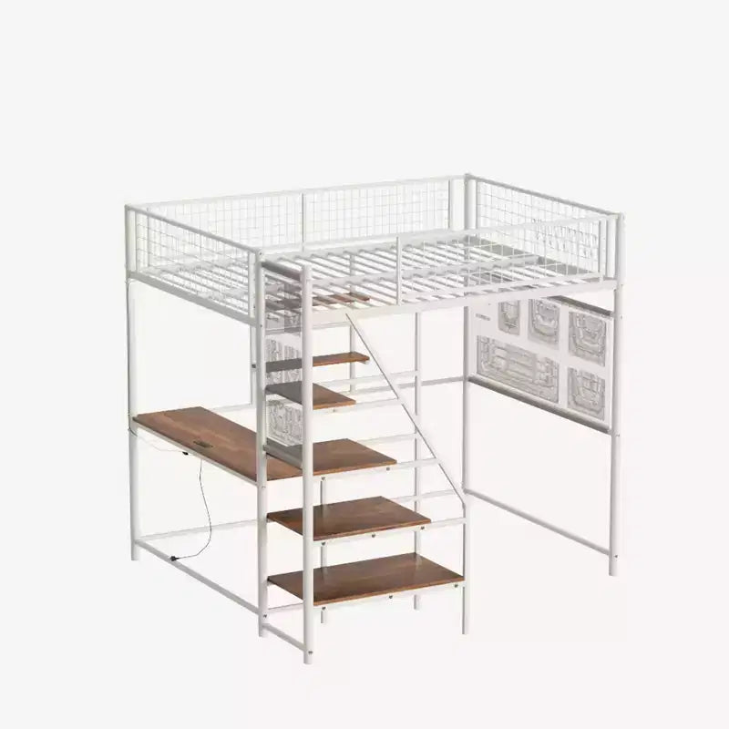 Bellemave Full size loft metal bed with white for bedroom and dormitory, with built-in charging station,Suitable for teenagers, white