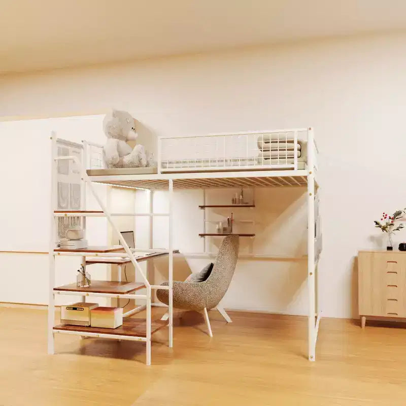Bellemave Full size loft metal bed with white for bedroom and dormitory, with built-in charging station,Suitable for teenagers, white