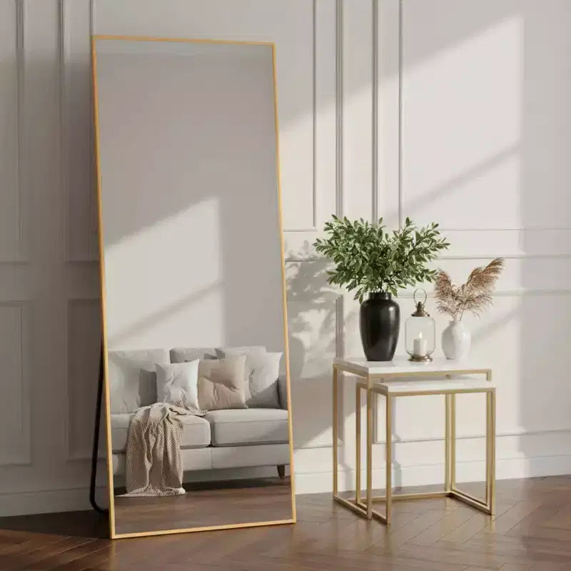 MAYEERTY Aluminum Full-Length Mirror 57x20in, Gold, Right Angle, Tempered Glass, With Stand