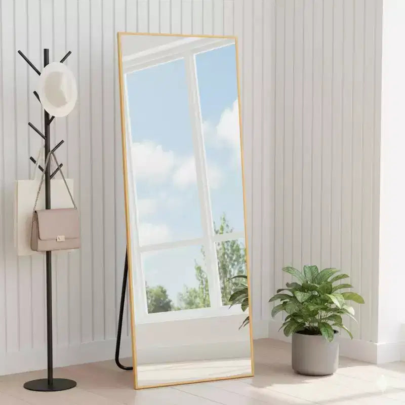 MAYEERTY Aluminum Full-Length Mirror 57x20in, Gold, Right Angle, Tempered Glass, With Stand