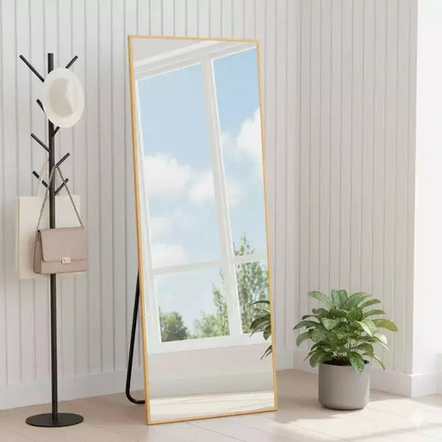 MAYEERTY Aluminum Full-Length Mirror 57x20in, Gold, Right Angle, Tempered Glass, With Stand